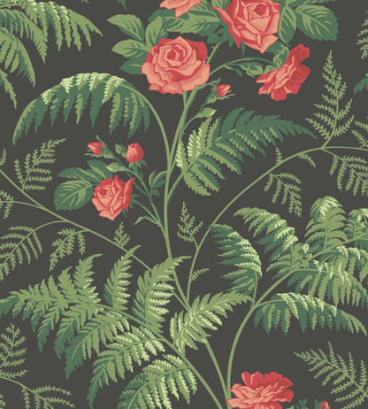 Rose Wallpaper by Cole & Son Red & Leaf Green on Charcoal