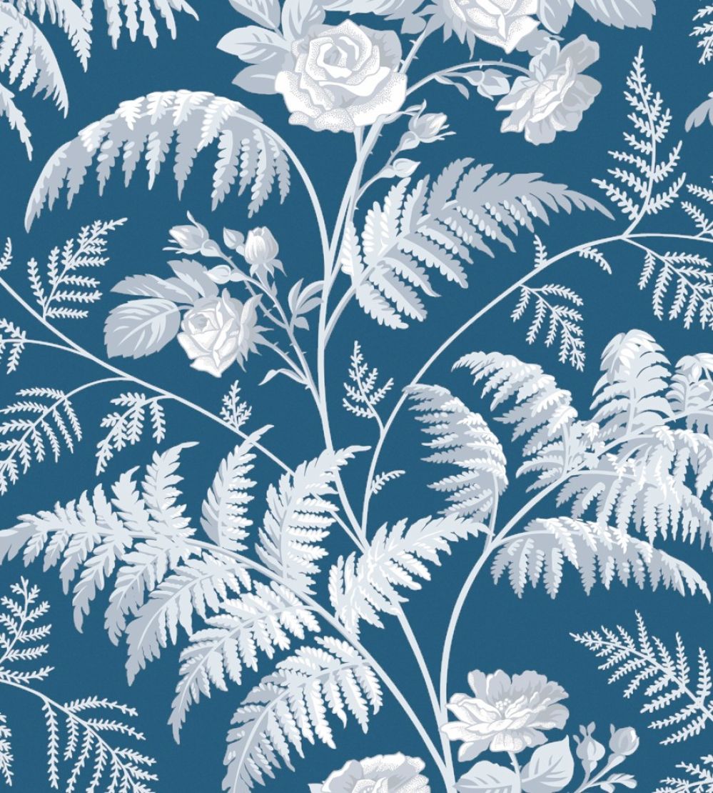 Rose Wallpaper by Cole & Son White & Ice Blue on Denim