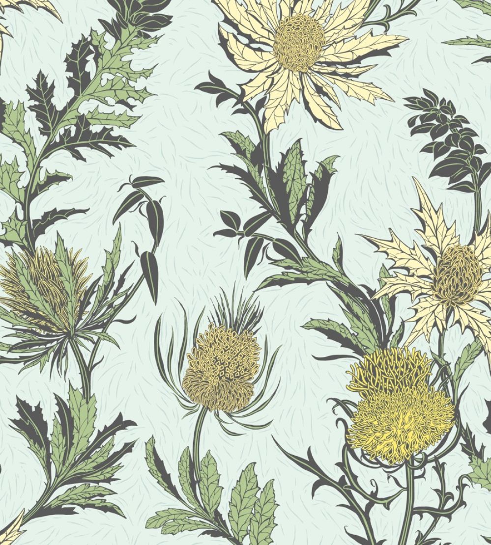Thistle Wallpaper by Cole & Son Lemon & Olive on Duck Egg