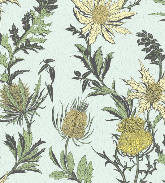 Thistle Wallpaper by Cole & Son Lemon & Olive on Duck Egg