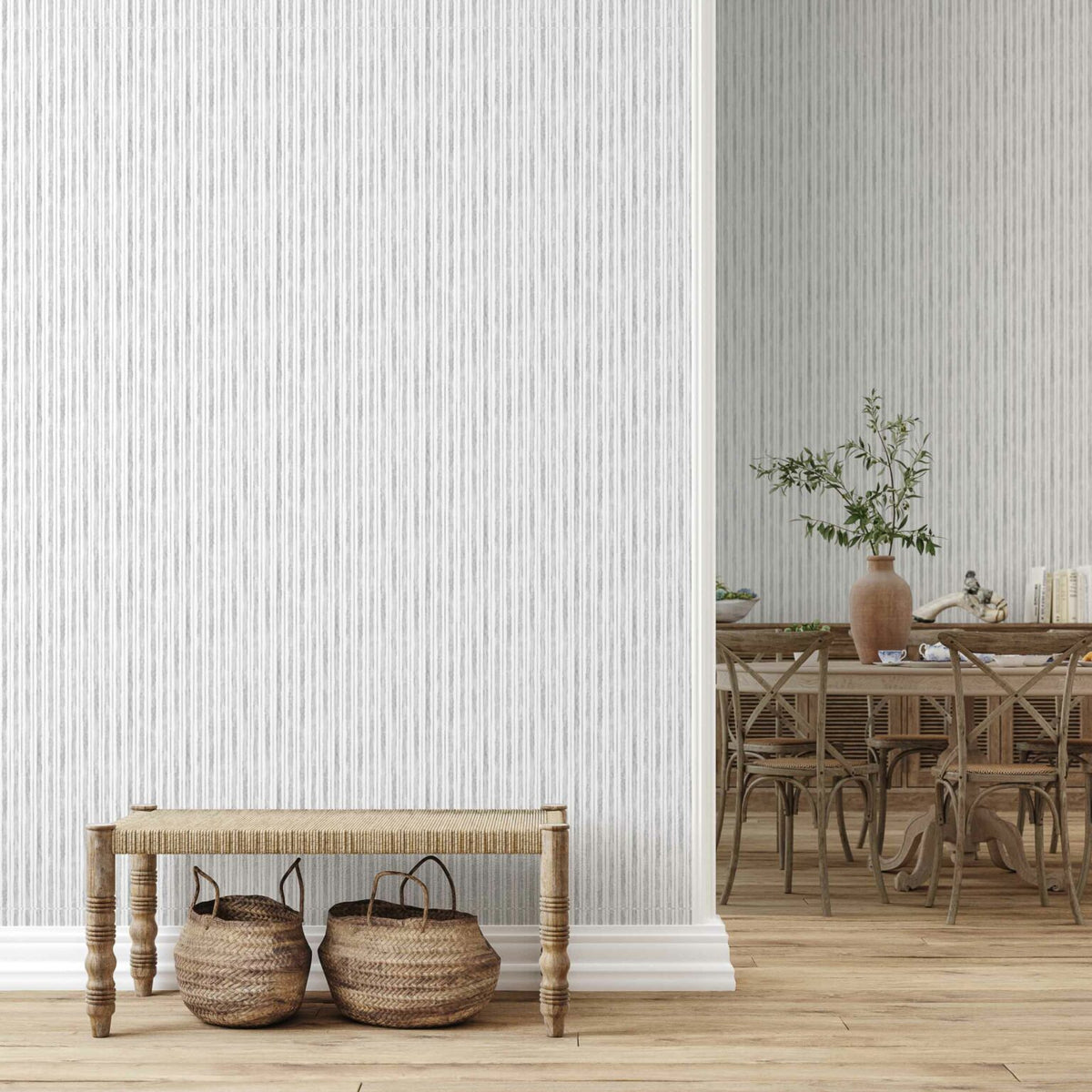 Colonial wallpaper by Coordonné in Piedra, shown in a styled room