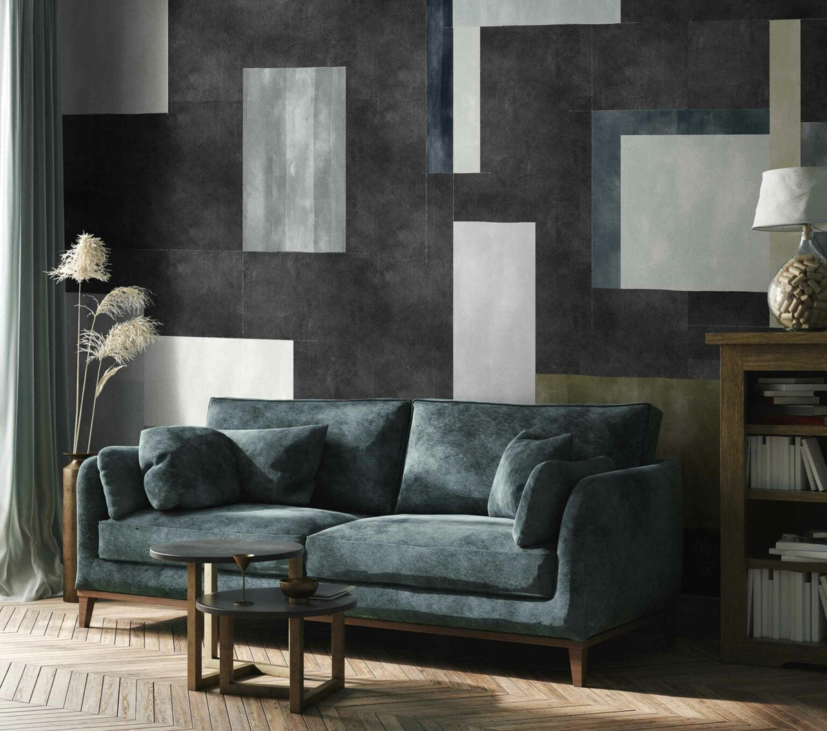 Color Study mural by Coordonné in Black, shown in a styled room