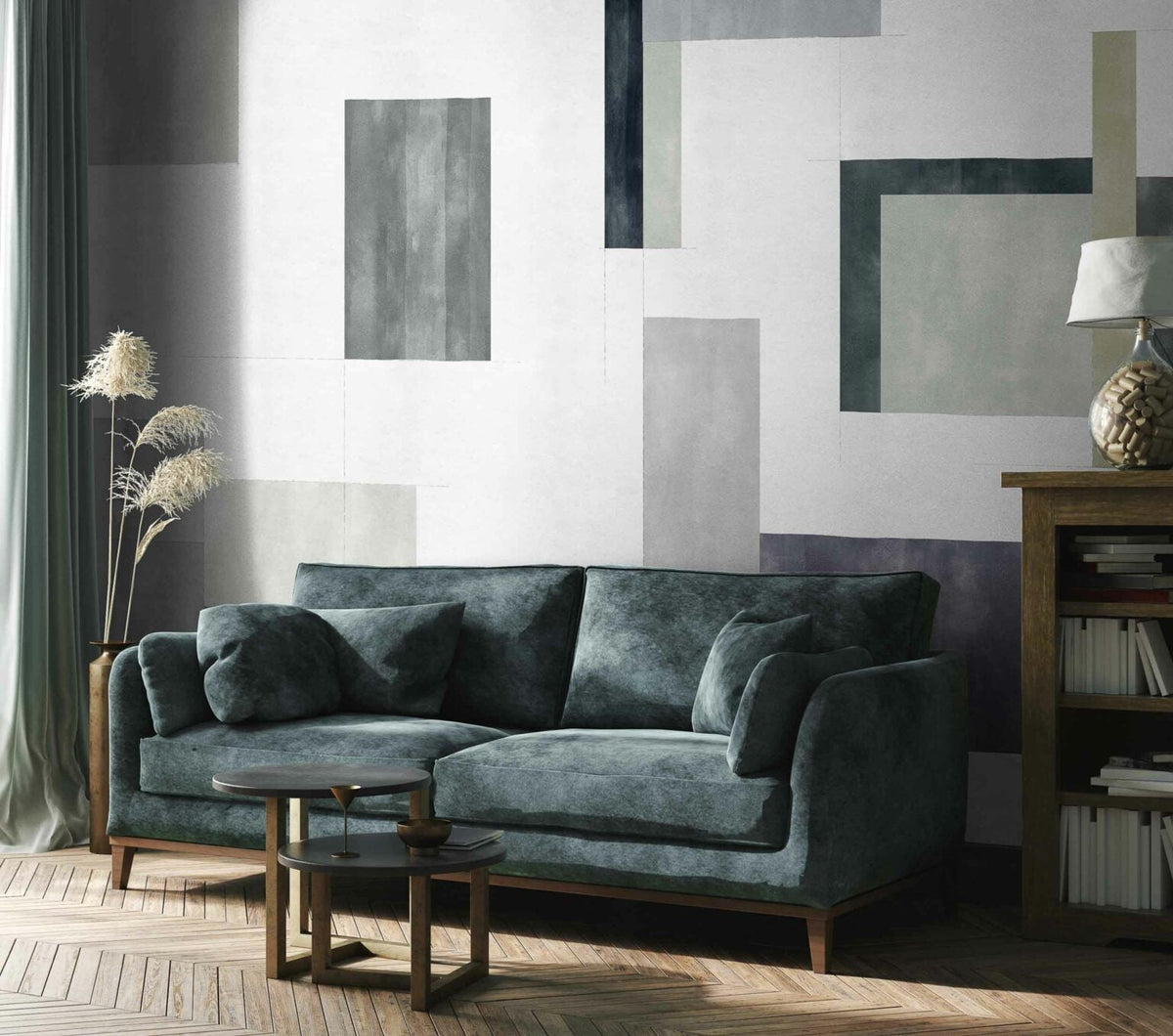 Color Study mural by Coordonné in Grey, shown in a styled room