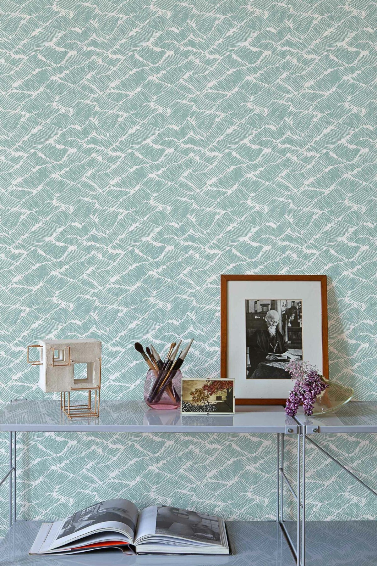 Core Auguste wallpaper by Coordonné in Aqua, shown in a styled room