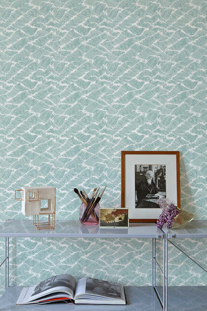 Core Auguste wallpaper by Coordonné in Aqua, shown in a styled room