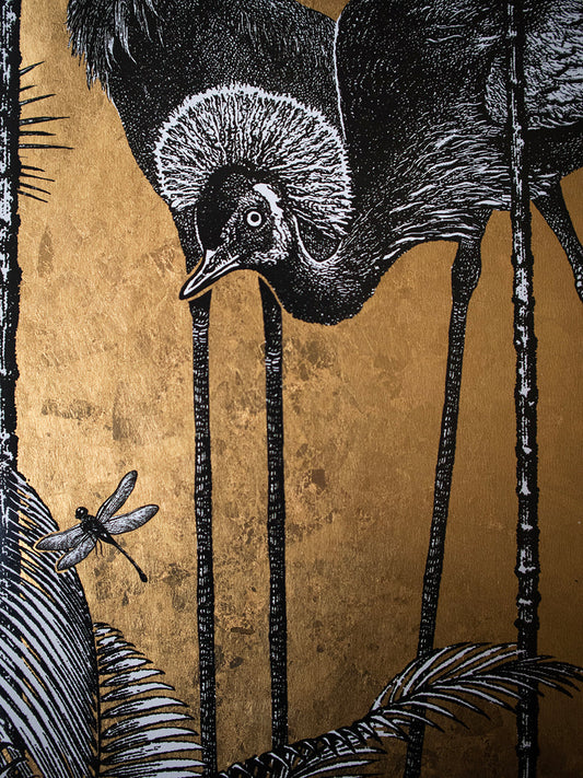 Crane Fonda Gold Leaf Wallpaper by Divine Savages in Gold Leaf, pattern swatch