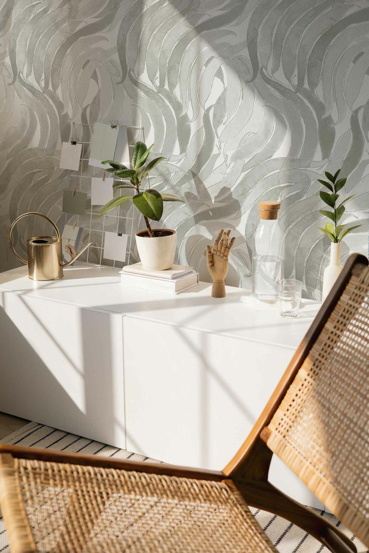Crop Fossils wallpaper by Coordonné in Ice, shown in a styled room