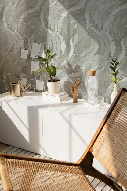Crop Fossils wallpaper by Coordonné in Quartz, shown in a styled room