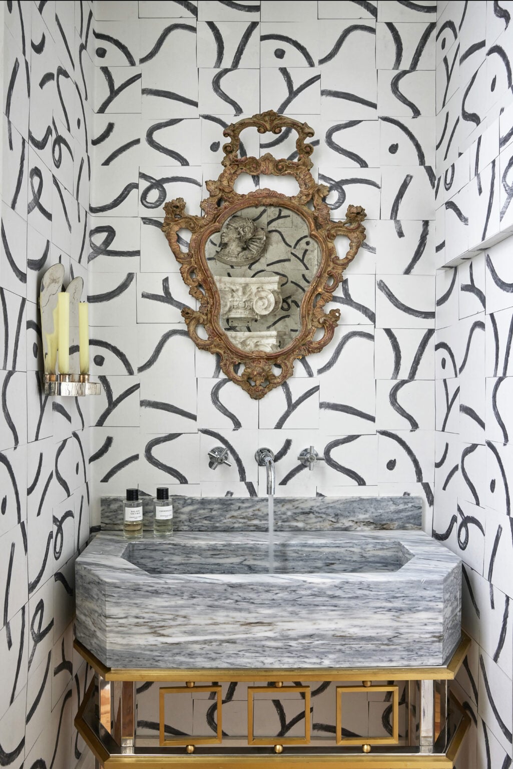 Cubic Routes wallpaper by Coordonné in Ice, shown in a styled room