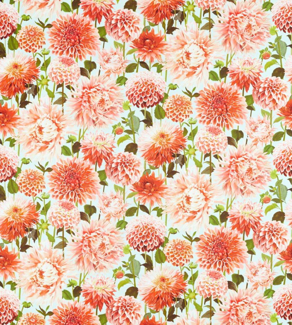 Dahlia Fabric by Harlequin Coral / Fig Leaf / Sky