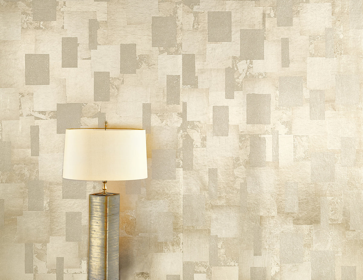 Deco Leaf Wallpaper by Phillip Jeffries in Bakelite, shown installed in a room setting