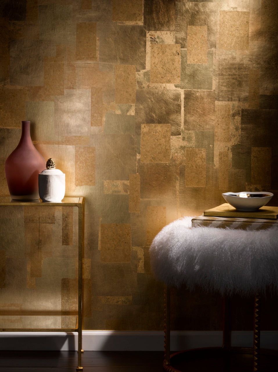 Deco Leaf Wallpaper by Phillip Jeffries in Spire, shown installed in a room setting