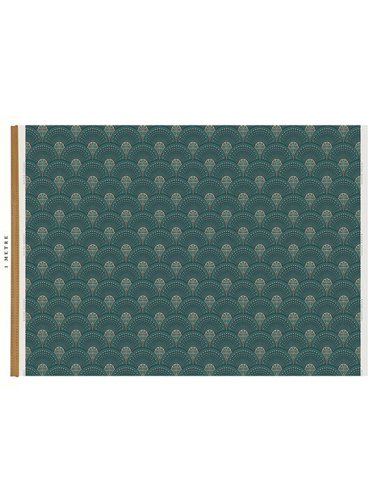 Deco Martini Linen Fabric by Divine Savages in Green Gold, pattern swatch