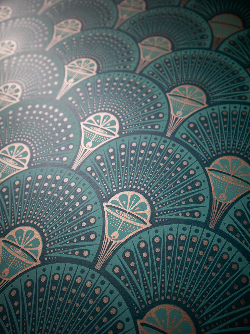 Deco Martini Wallpaper by Divine Savages in Green Gold, pattern swatch