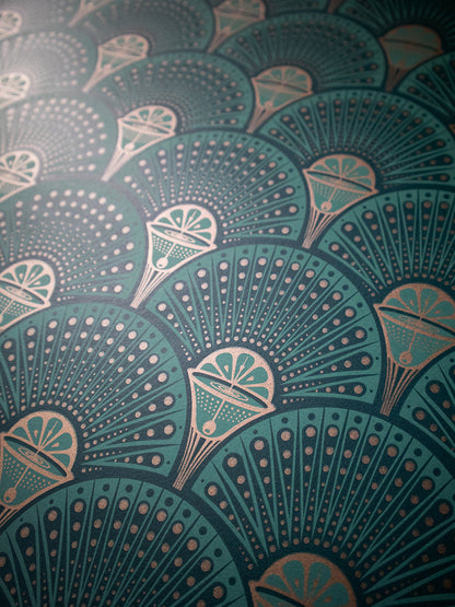 Deco Martini Wallpaper by Divine Savages in Green Gold, pattern swatch