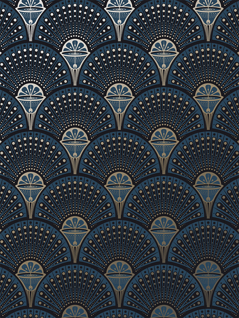 Deco Martini Wallpaper by Divine Savages in Midnight Gold, pattern swatch