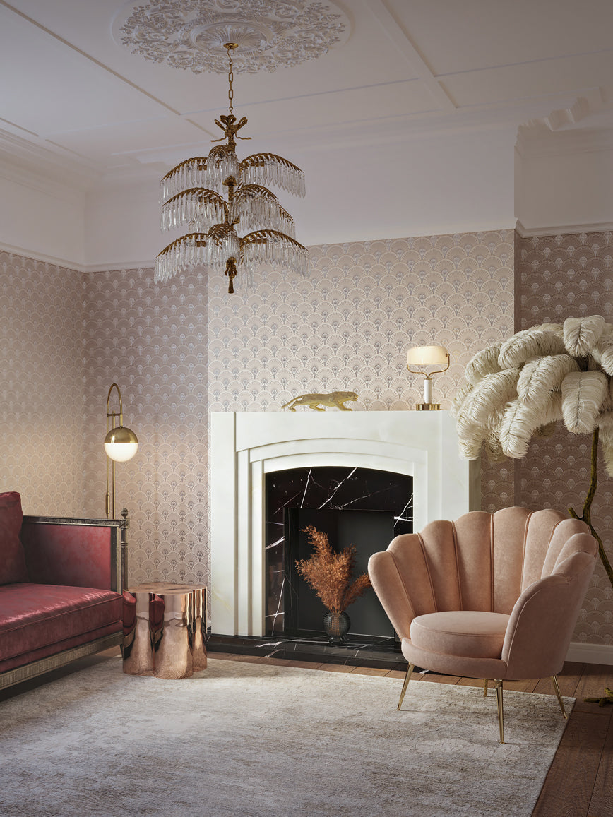 Deco Martini Wallpaper by Divine Savages in Rose Gold, room setting