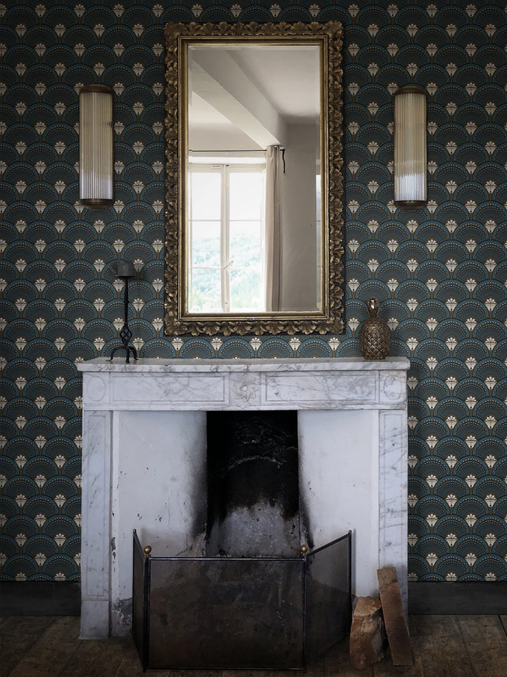 Deco Martini Wallpaper by Divine Savages in Teal, room setting