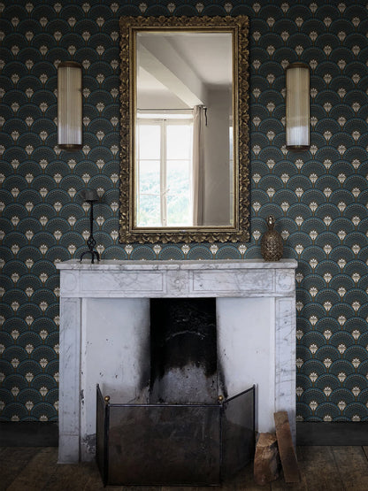 Deco Martini Wallpaper by Divine Savages in Teal, room setting