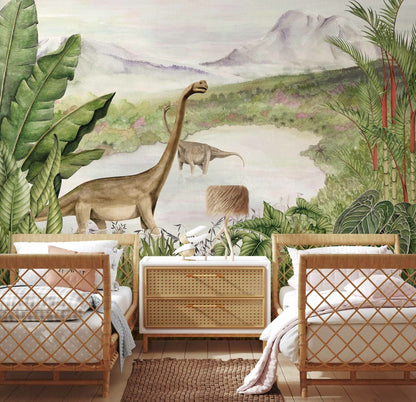 Dinosaurs Park mural by Coordonné in Emerald, shown in a styled room