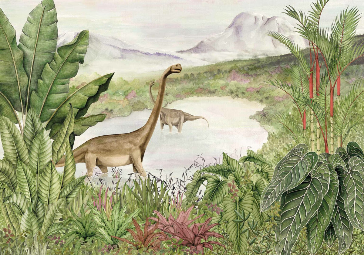 Dinosaurs Park mural by Coordonné in Emerald, flat pattern view