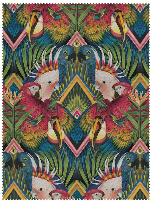 Divine Plumage Linen Fabric by Divine Savages in Fiesta, pattern swatch