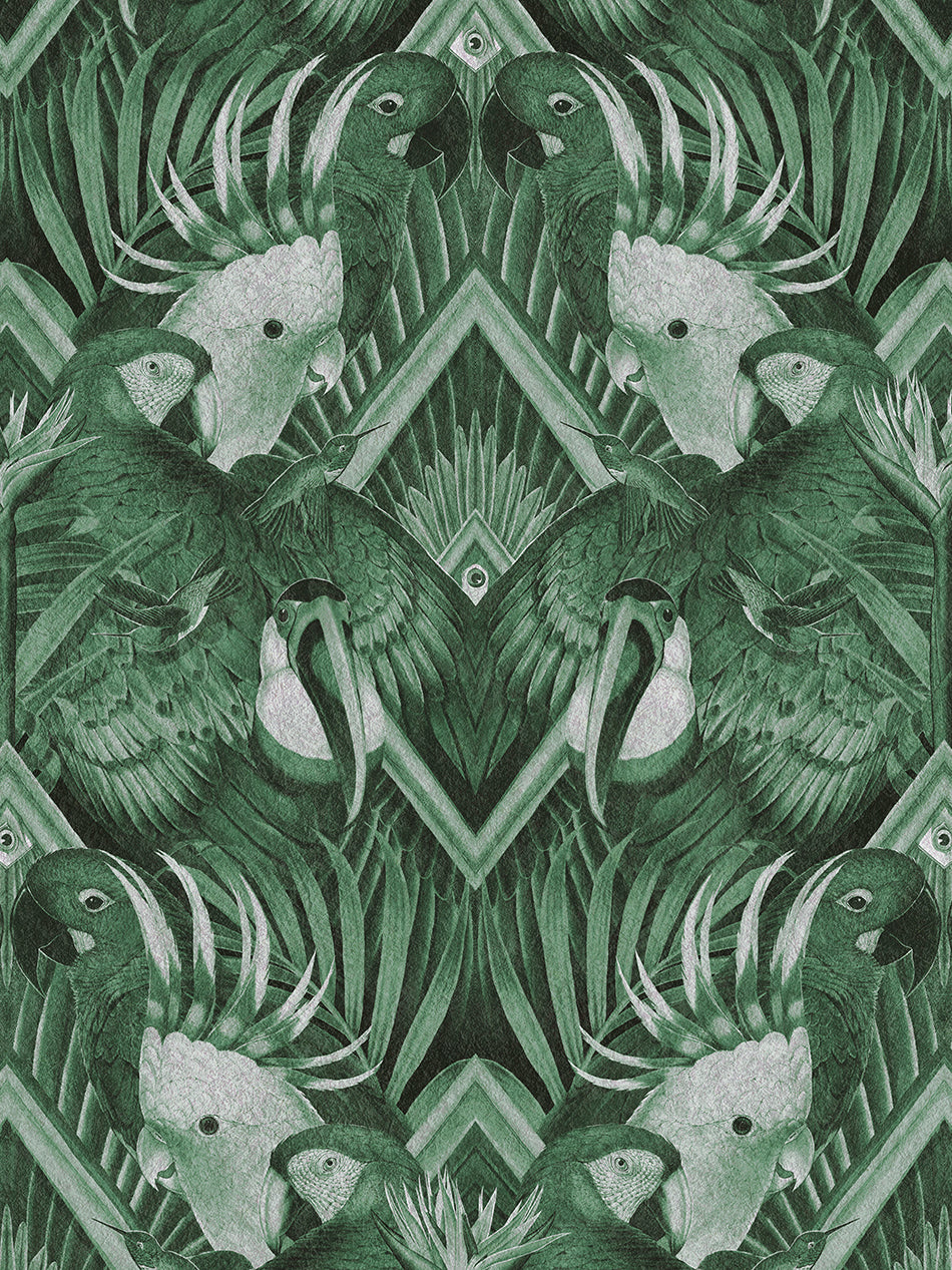 Divine Plumage Wallpaper by Divine Savages in Emerald, pattern swatch