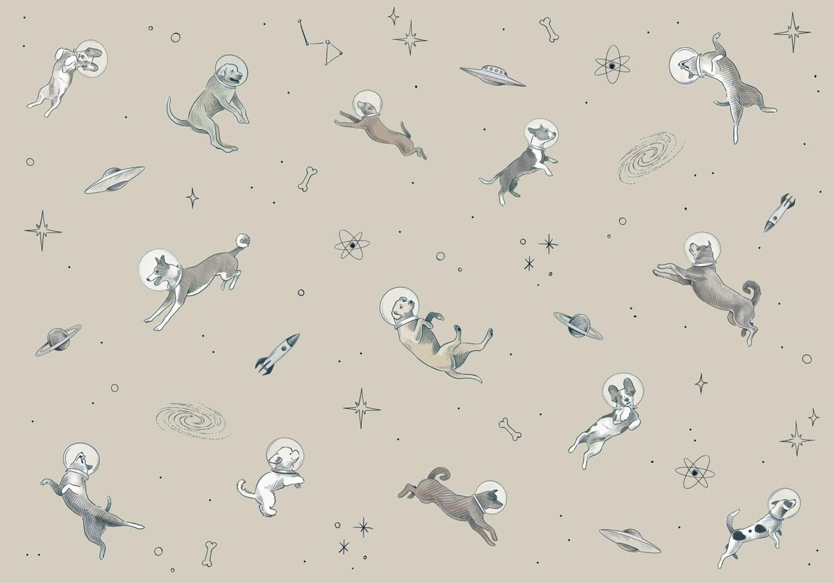 Doggy Gravity mural by Coordonné in Cream, flat pattern view