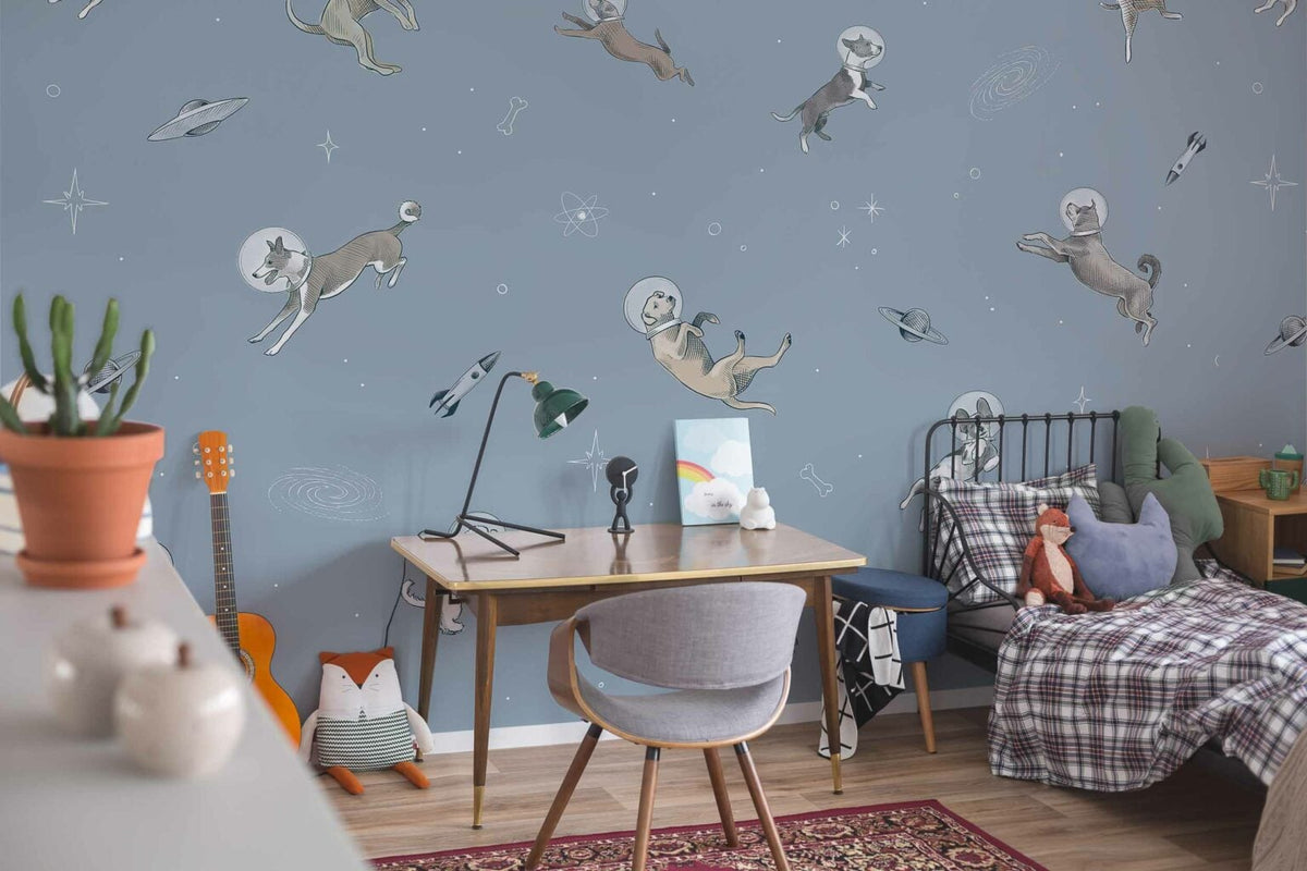 Doggy Gravity mural by Coordonné in Sky, shown in a styled room