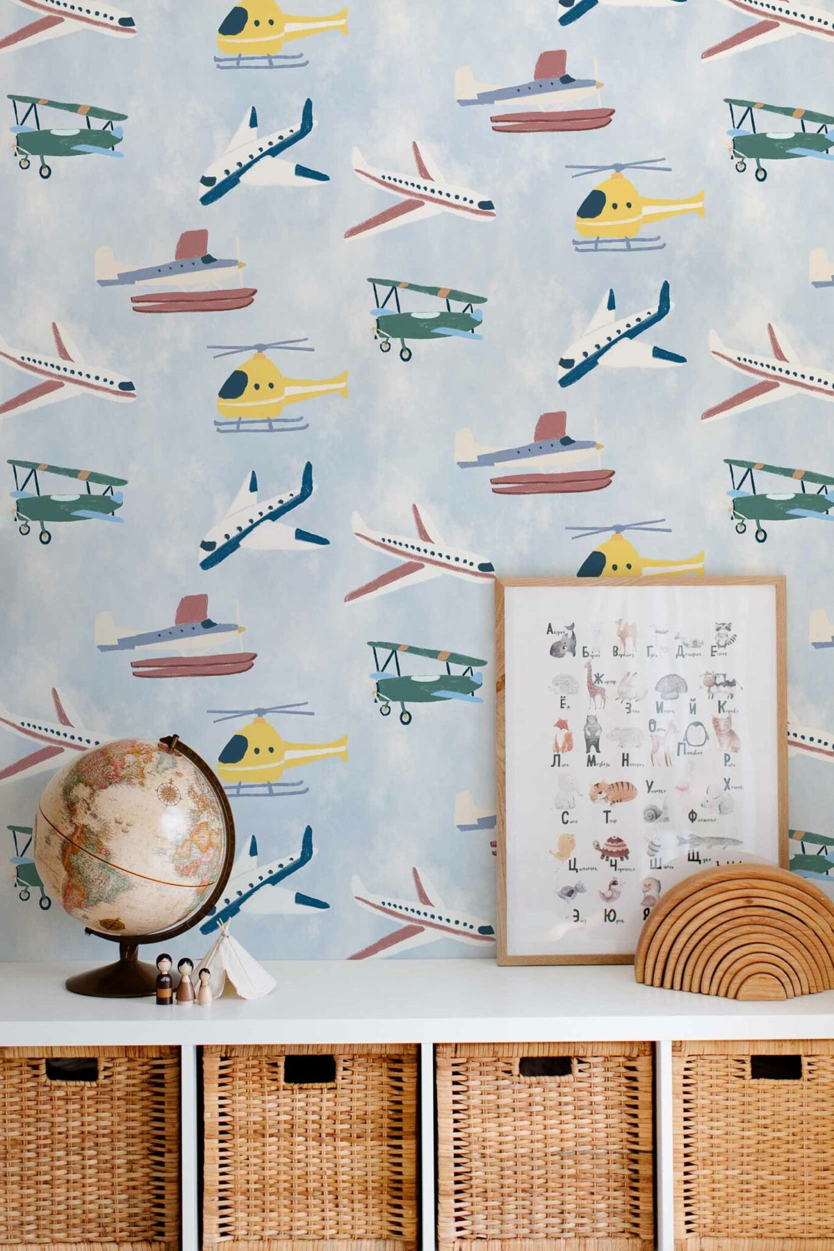 Draft Planes wallpaper by Coordonné in Sky, shown in a styled room