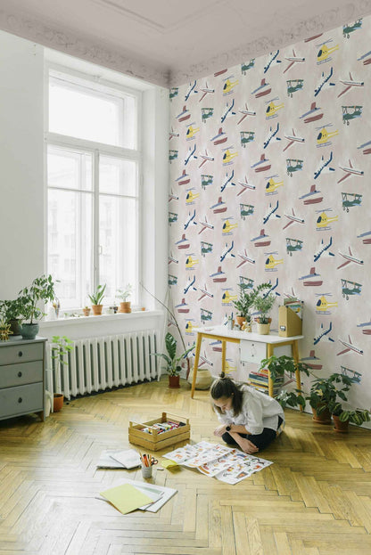 Draft Planes wallpaper by Coordonné in Sunrise, shown in a styled room