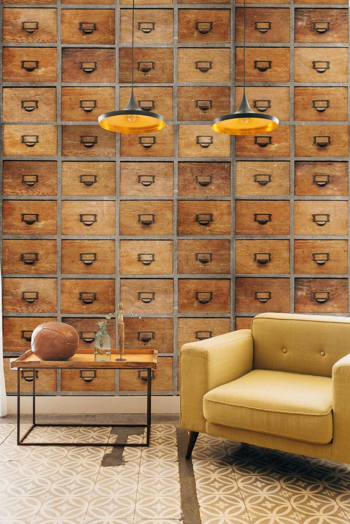 Drawers mural by Coordonné in Wood, shown in a styled room