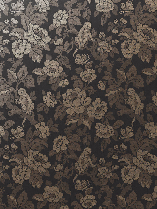 Drunken Monkey Wallpaper by Divine Savages in Black Gold, pattern swatch