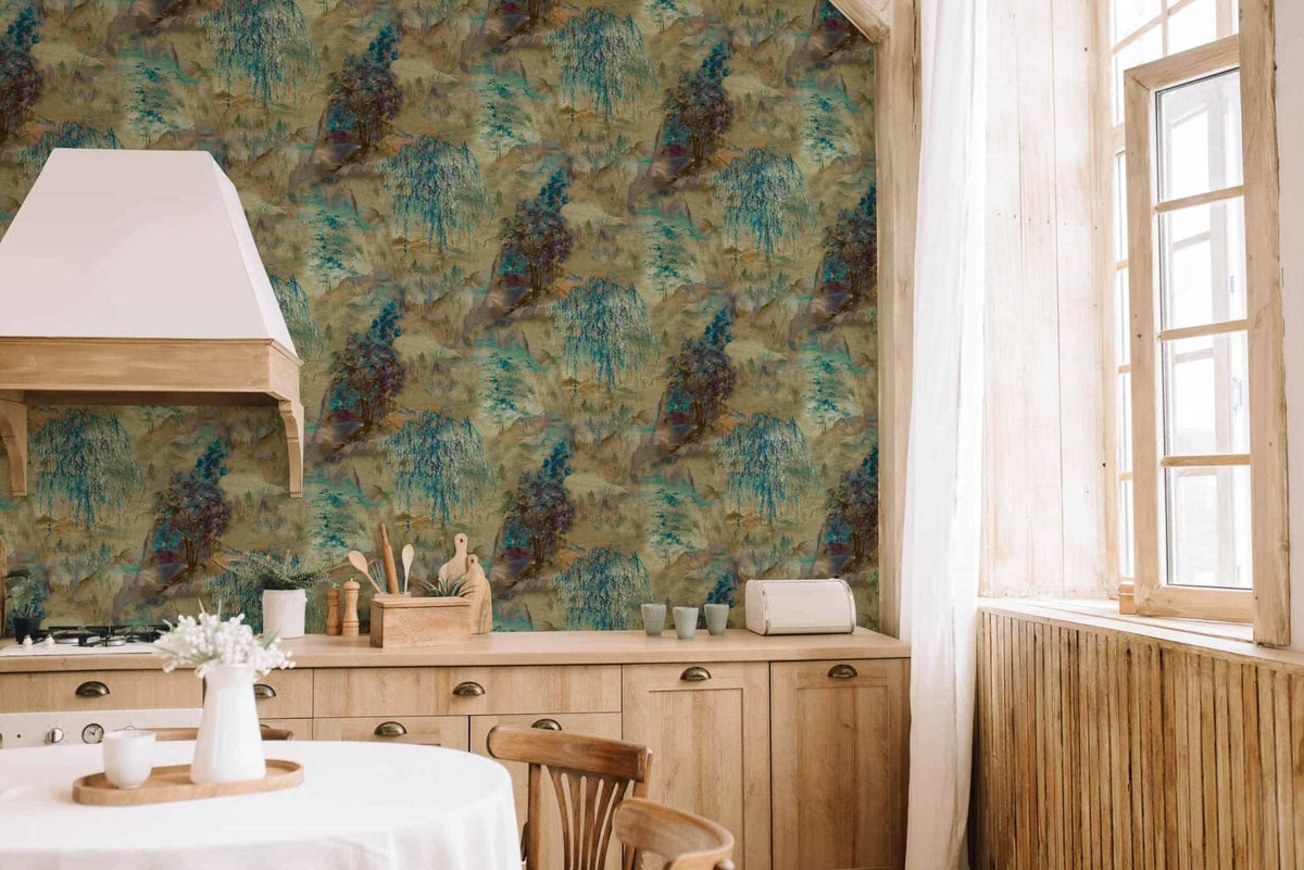 Dunhuang wallpaper by Coordonné in Blue Spirulina, shown in a styled room