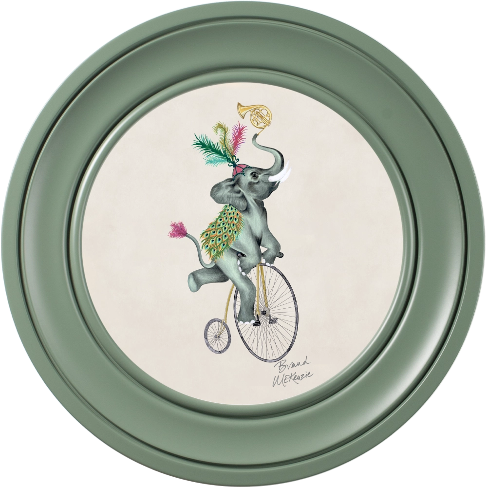 Elliot round framed print by Brand McKenzie in a sage green alpine frame with a chalk white background