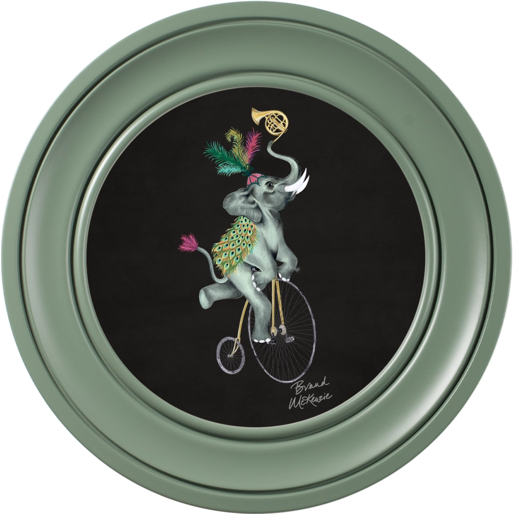 Elliot round framed print by Brand McKenzie in a sage green alpine frame with a charcoal black background