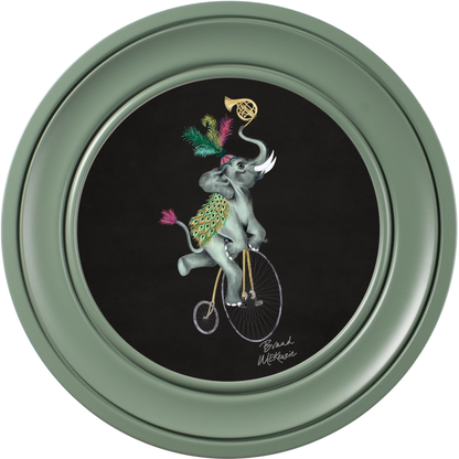 Elliot round framed print by Brand McKenzie in a sage green alpine frame with a charcoal black background