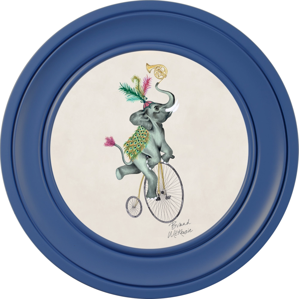 Elliot round framed print by Brand McKenzie in a cobalt blue frame with a chalk white background