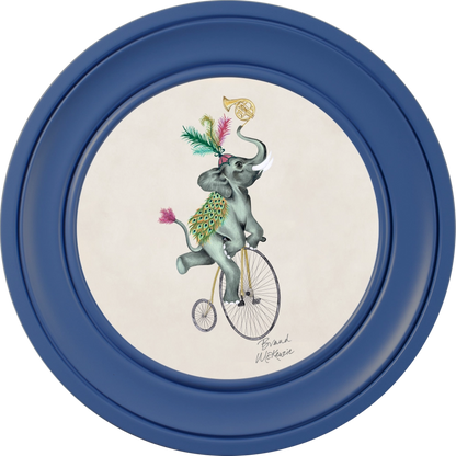 Elliot round framed print by Brand McKenzie in a cobalt blue frame with a chalk white background