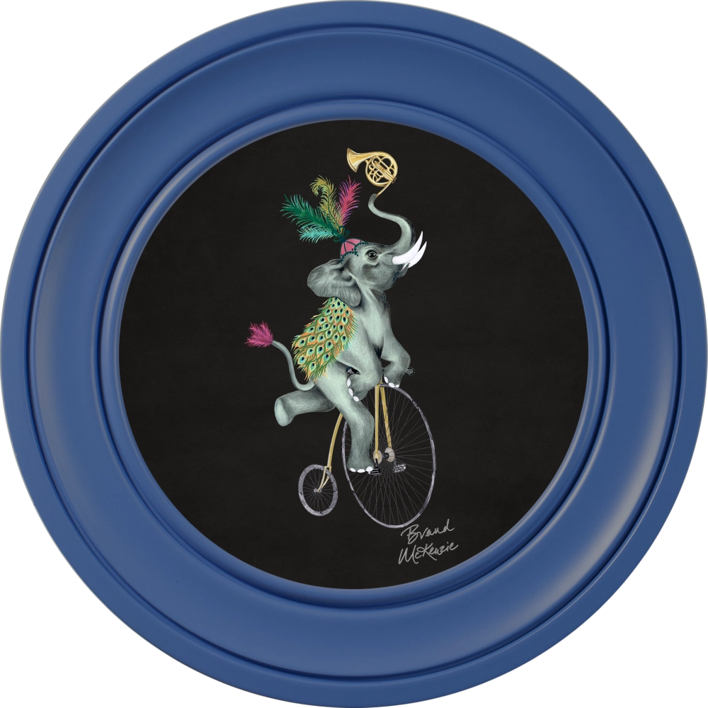 Elliot round framed print by Brand McKenzie in a cobalt blue frame with a charcoal black background