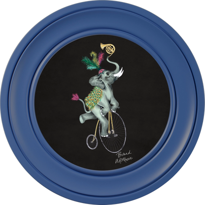 Elliot round framed print by Brand McKenzie in a cobalt blue frame with a charcoal black background