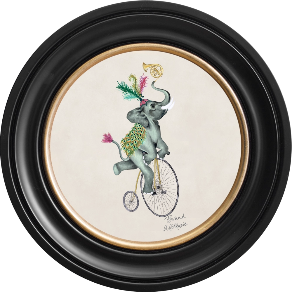 Elliot round framed print by Brand McKenzie in a black ebony frame with a chalk white background