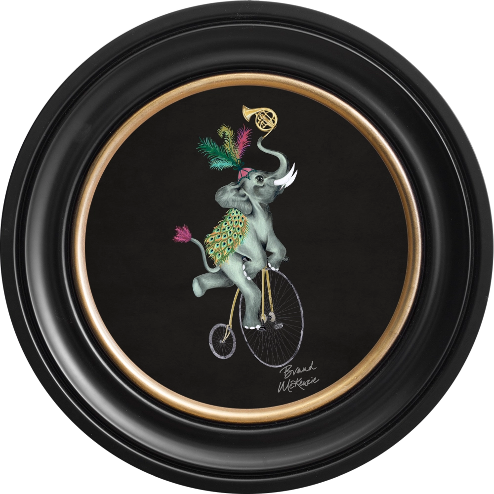 Elliot round framed print by Brand McKenzie in a black ebony frame with a charcoal black background