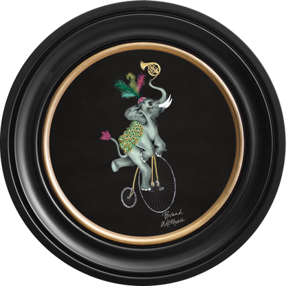 Elliot round framed print by Brand McKenzie in a black ebony frame with a charcoal black background