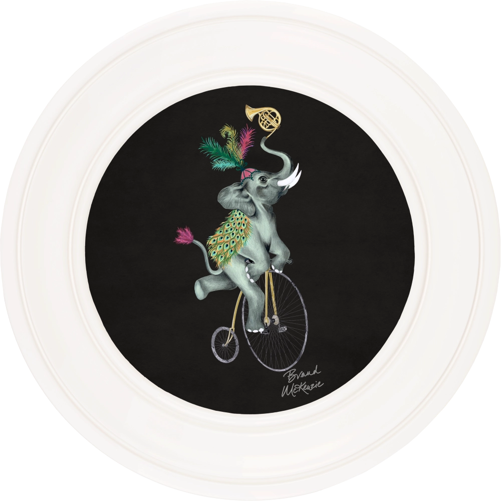 Elliot round framed print by Brand McKenzie in an ivory white frame with a charcoal black background