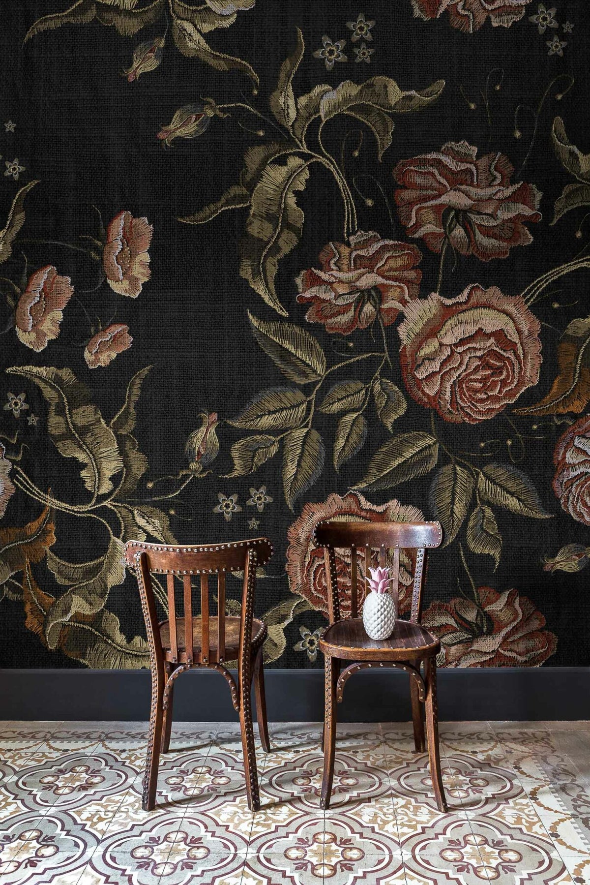 Embroidery Flora mural by Coordonné in Black, shown in a styled room