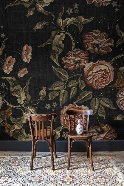 Embroidery Flora mural by Coordonné in Black, shown in a styled room