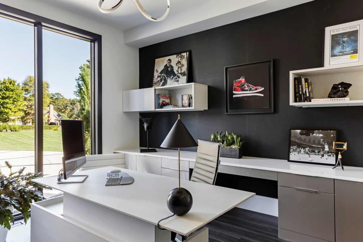 Epi Leather Wallpaper by Phillip Jeffries in Black, shown installed in a room setting