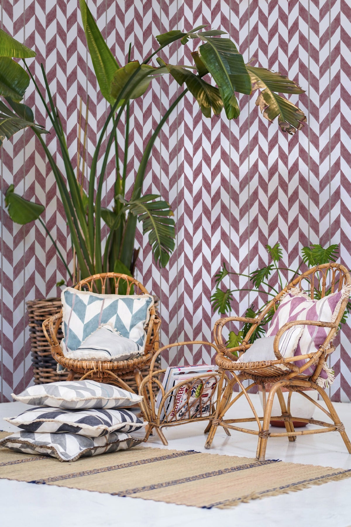 Espiga wallpaper by Coordonné in Ciruela, shown in a styled room
