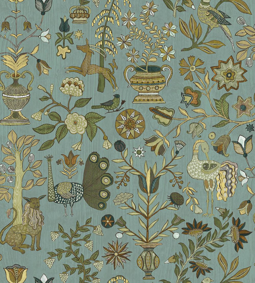Fable Garden Wallpaper by Josephine Munsey Mid Blue and Olive